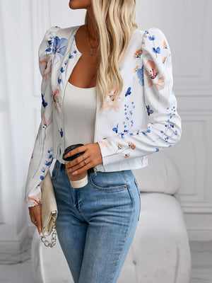 White floral puff sleeve cropped zip jacket with a bomber style.