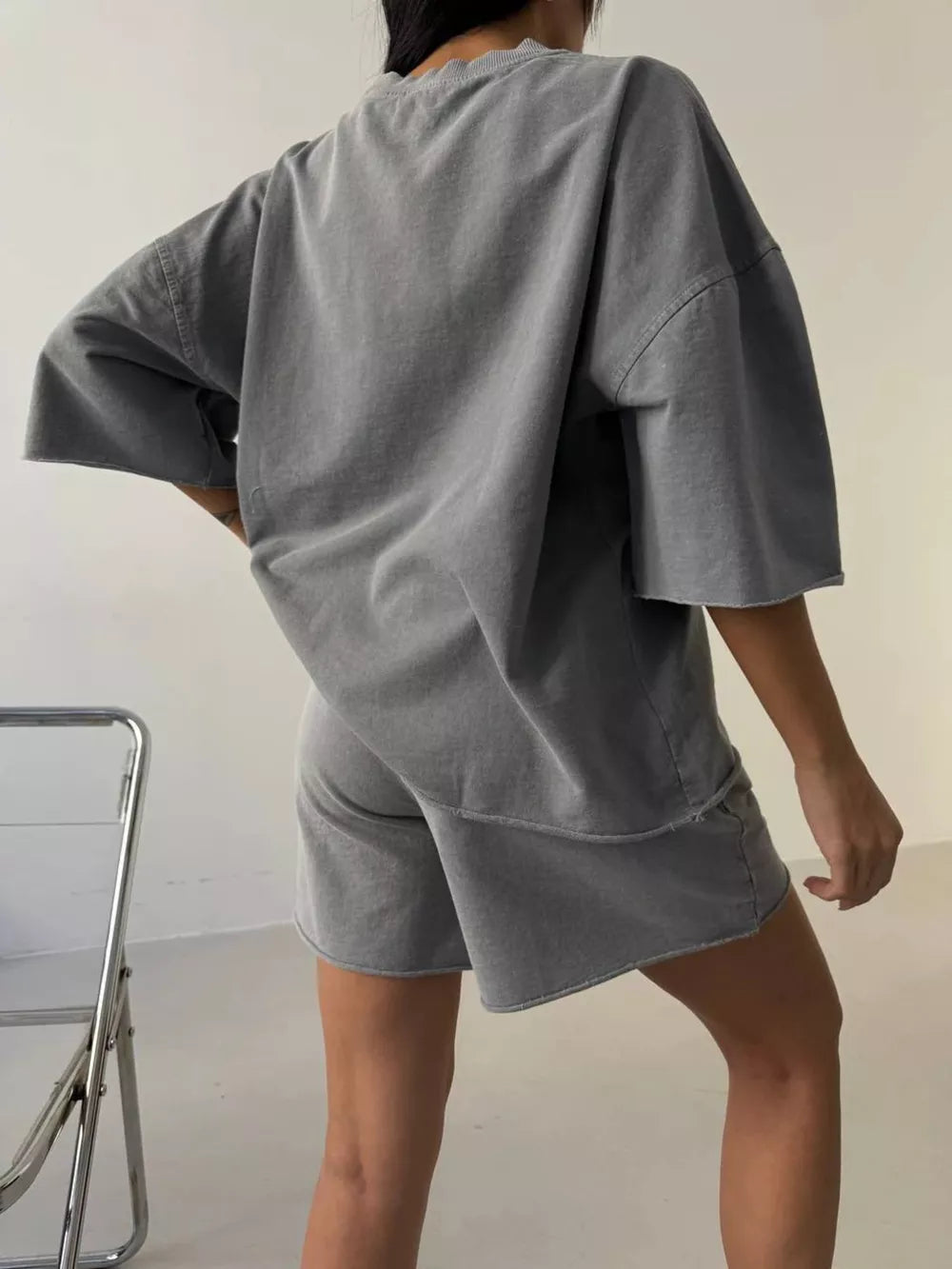 Vintage Wash Oversized Tee And Shorts Set in Coffee Color, side view