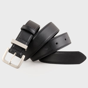 Black cowhide leather belt with minimalist silver buckle and stitched edges.