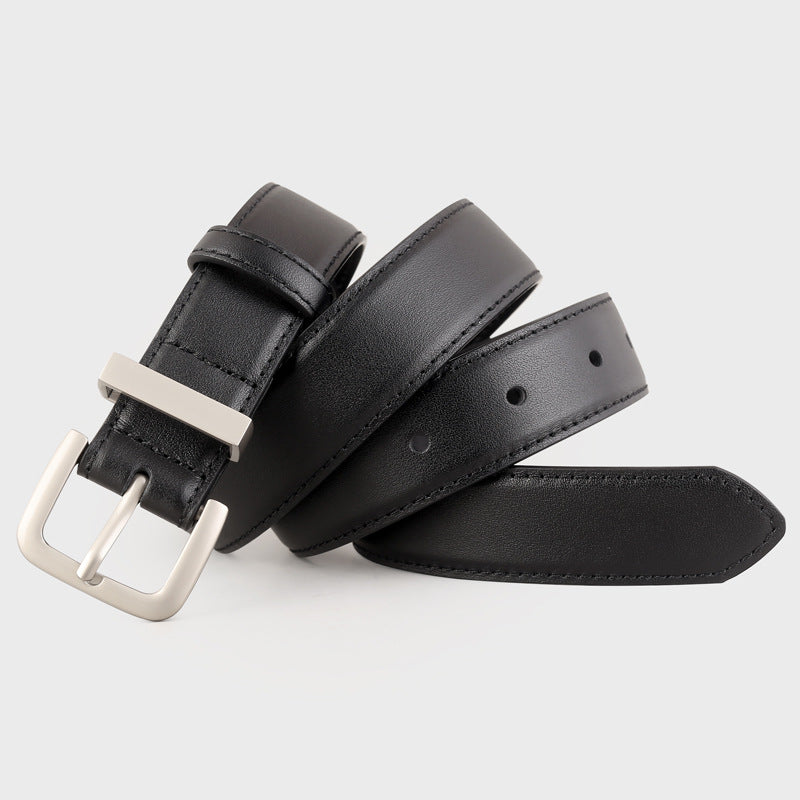 Black cowhide leather belt with minimalist silver buckle and stitched edges.