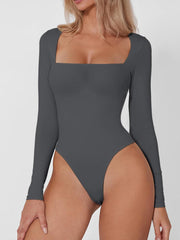 Long sleeve bodysuit in dark gray with a sculpted square neckline.
