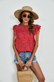Red floral smocked yoke ruffle sleeve blouse with mock neck