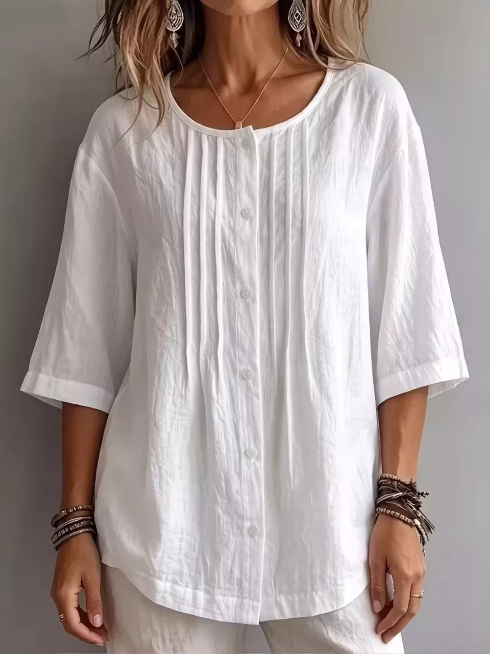 Full Size Texture Round Neck 3/4 Sleeve Blouse, front view