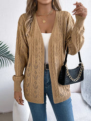 Khaki openwork cable knit long sleeve cardigan with a relaxed fit.