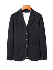 Black cotton lapel blazer with button front and patch pockets.