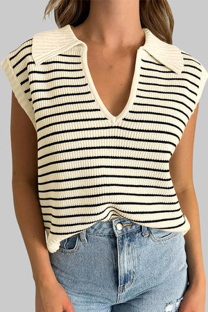 Striped knit polo vest in ivory and black with a deep V-neck and collar.