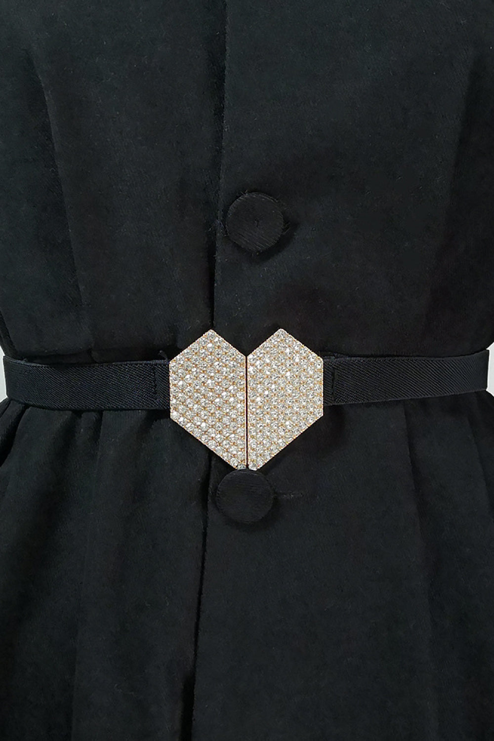 Black belt with a geometric crystal heart buckle detail.
