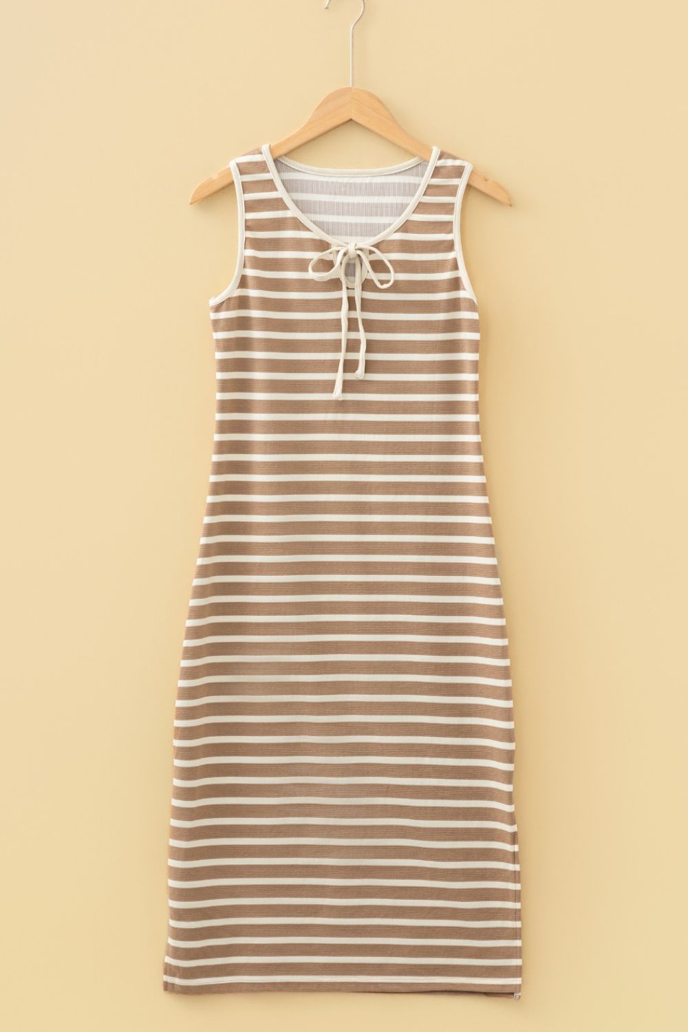 Striped cotton V-neck midi dress with drawstring detail and white trim