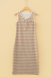 Striped cotton V-neck midi dress with drawstring detail and white trim