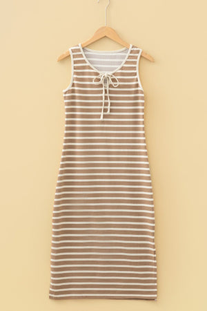 Striped cotton V-neck midi dress with drawstring detail and white trim