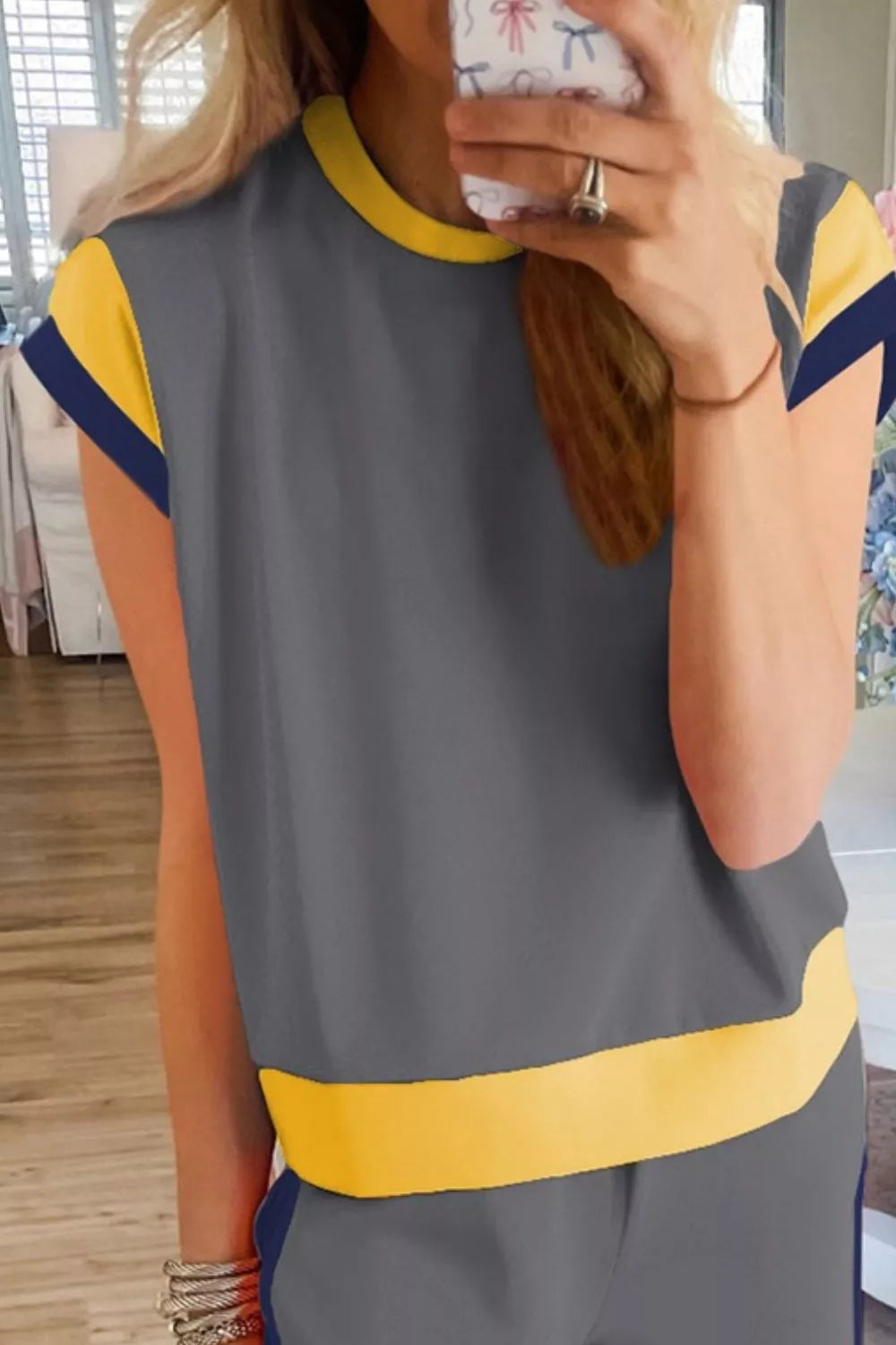 Contrast Trim Two-piece Set: Grey top with yellow and navy trim, matching grey bottoms.