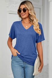 Royal Blue V-neck tee with short dolman sleeves and subtle side ruching.