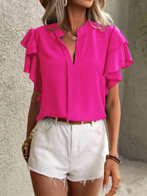 Hot Pink ruffled sleeve plunge neck blouse with a stand collar