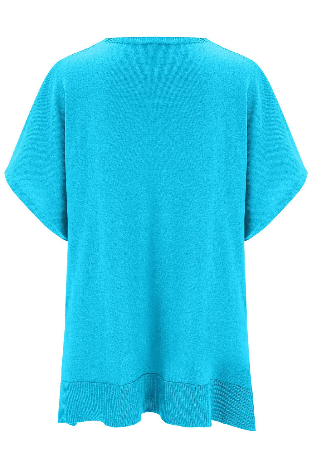 Cerulean knit poncho top with V-neck and short sleeves, ribbed hem detail.