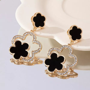 Black clover dangle earrings with 18K gold plating and crystal accents