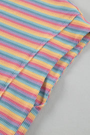 Rainbow stripe cotton lounge set detail with waffle knit texture.