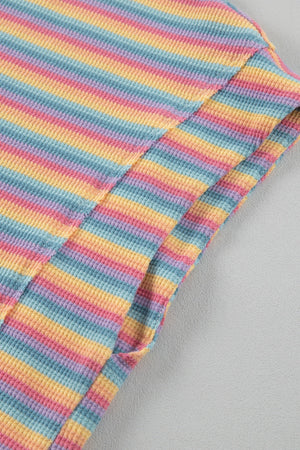 Rainbow stripe cotton lounge set detail with waffle knit texture.