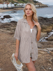 Diamond knit collared cardigan shirt in Caramel with short sleeves and button front.