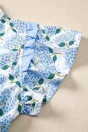 Hydrangea print cotton blend midi dress with flutter sleeves and ruffled neckline detail.