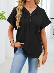 Black waffle knit short sleeve hooded top with button placket and drawstring.