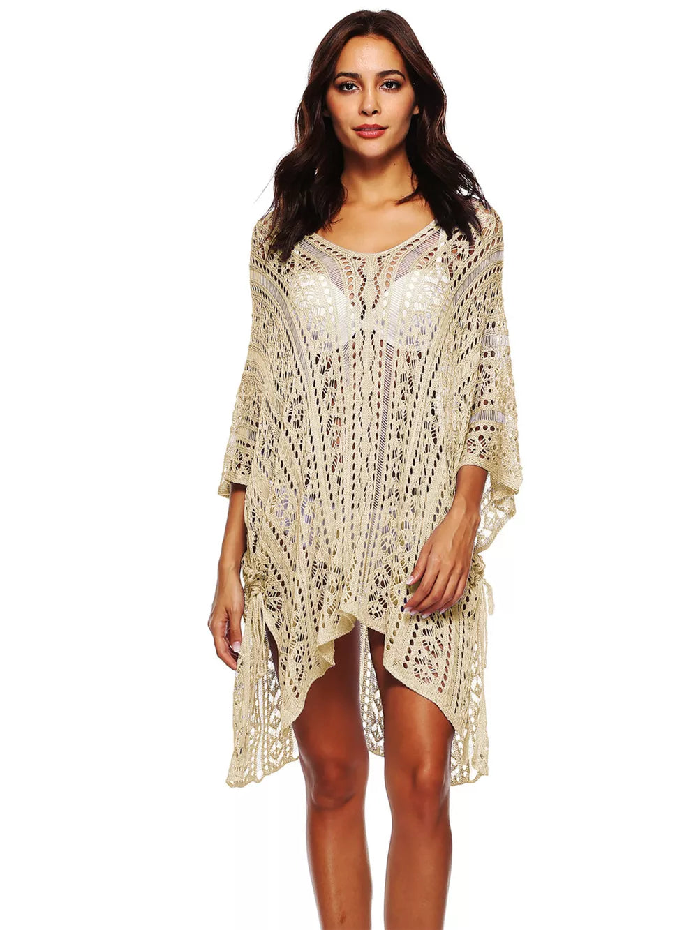Beige crochet V-neck beach cover-up with intricate cutout pattern and tie details.