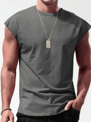 Muscle-fit sleeveless tee in dark gray with wide shoulders, crew neck, and a dog tag necklace.