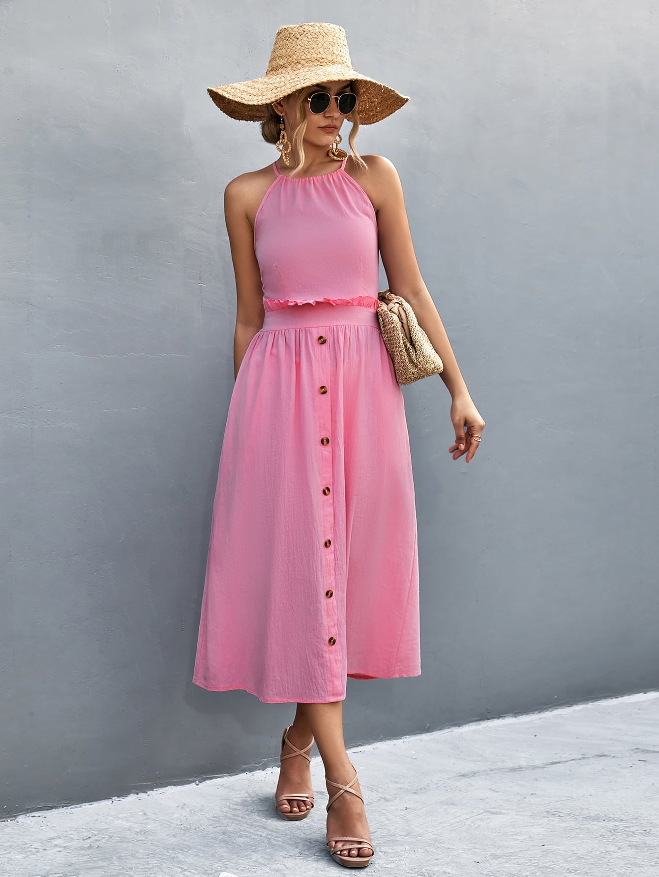 Pink button-down midi dress with halter neck and ruffled waist
