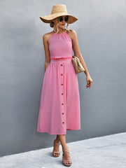 Pink button-down midi dress with halter neck and ruffled waist