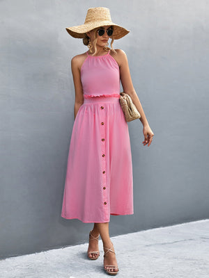 Pink button-down midi dress with halter neck and ruffled waist
