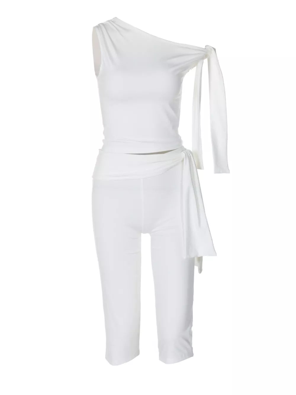 White one-shoulder tie top and capri set with a draped tie detail