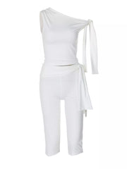 White one-shoulder tie top and capri set with a draped tie detail