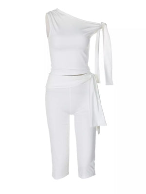White one-shoulder tie top and capri set with a draped tie detail
