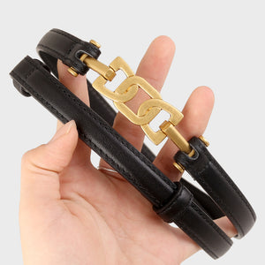 Black leather belt with brushed gold chain-link detail and gold buckle.
