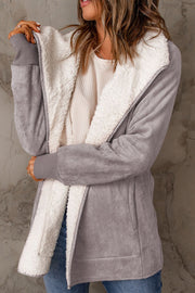 Gray suede-effect jacket with sherpa collar and cuffs, open front.