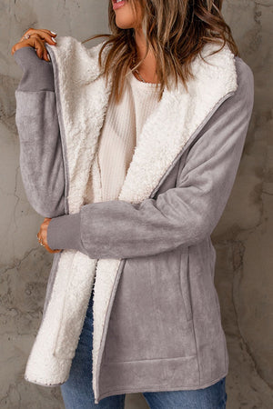 Gray suede-effect jacket with sherpa collar and cuffs, open front.