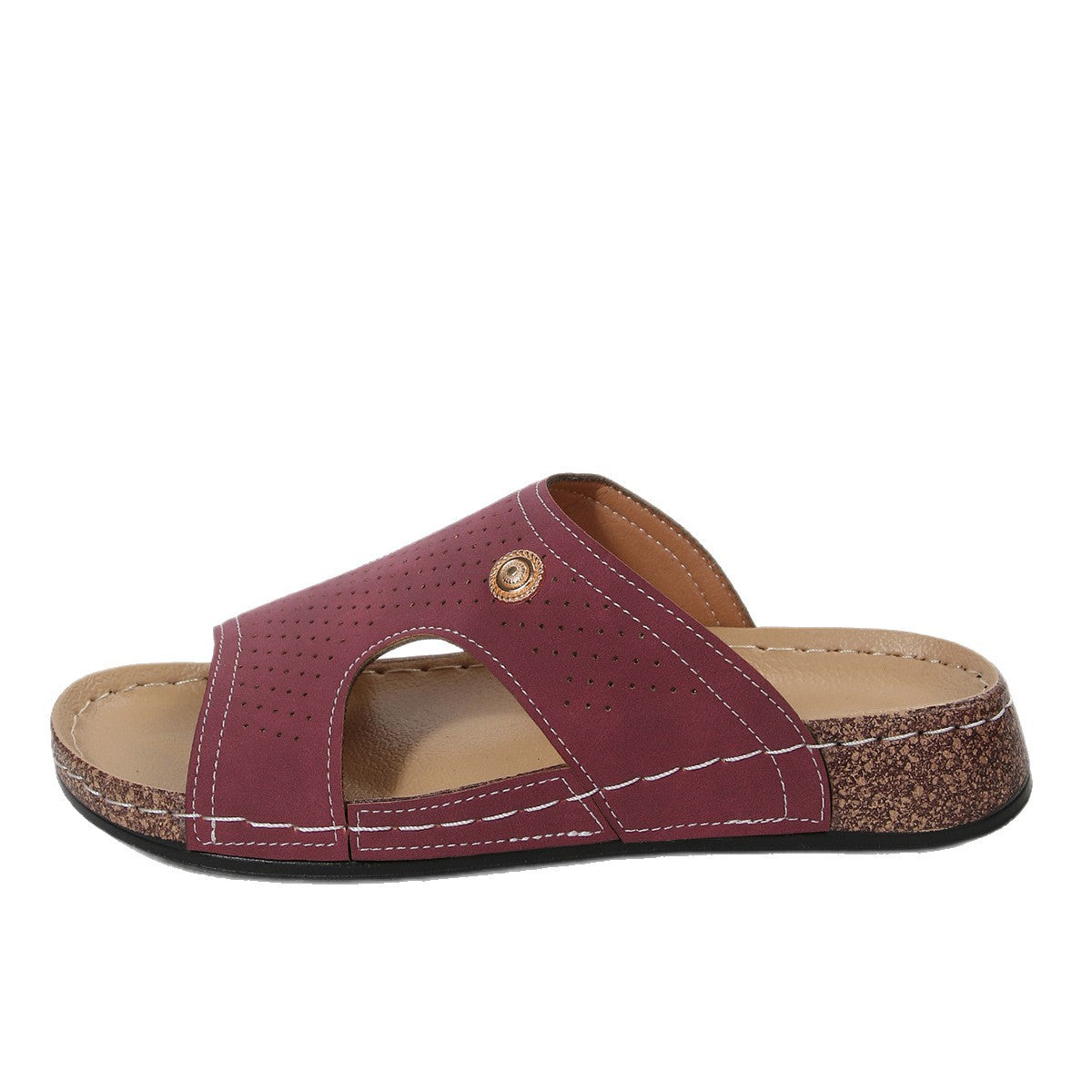 Perforated burgundy pu leather wedge sandals with cork sole and decorative button detail.