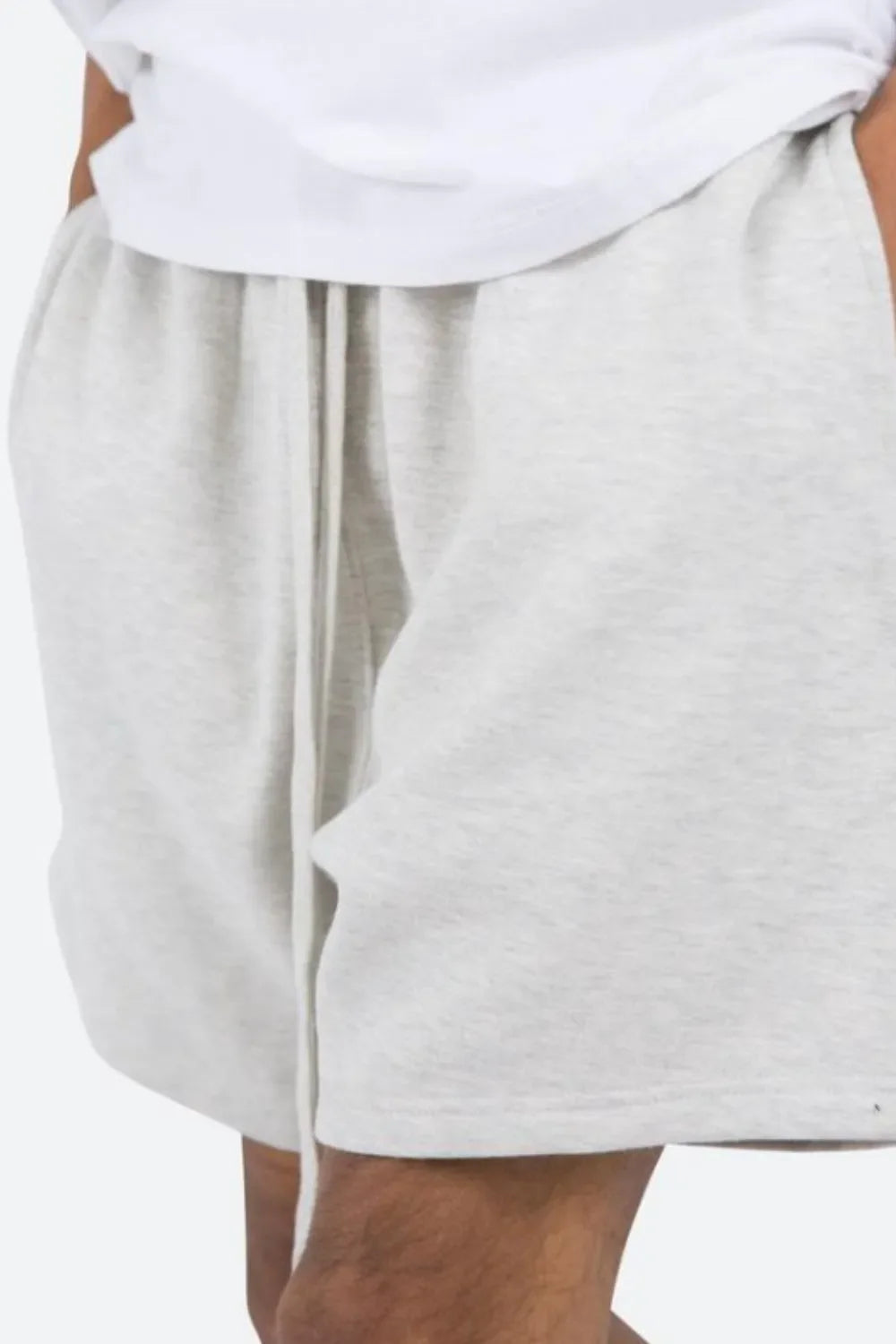 Light gray fleece jogger shorts with drawstring detail