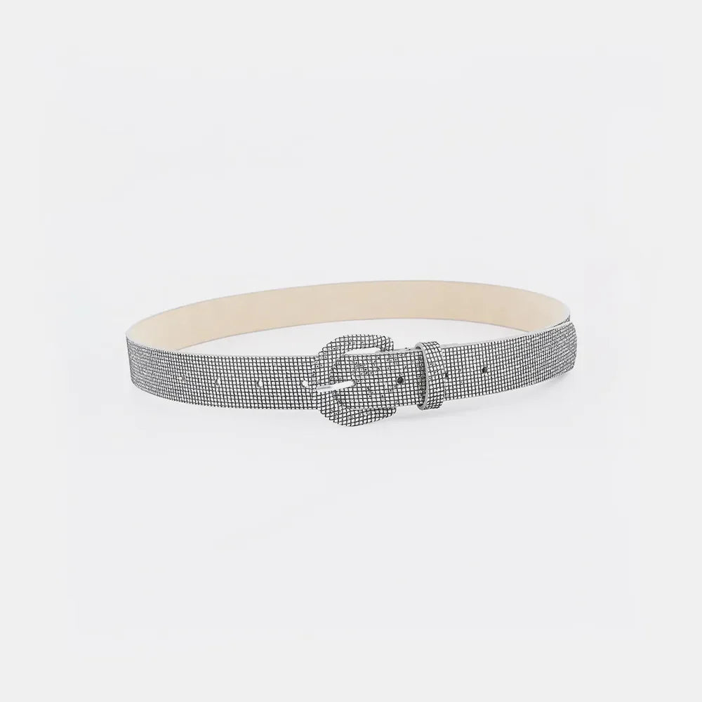 Silver micro-studded belt with a square buckle and light gray backing.