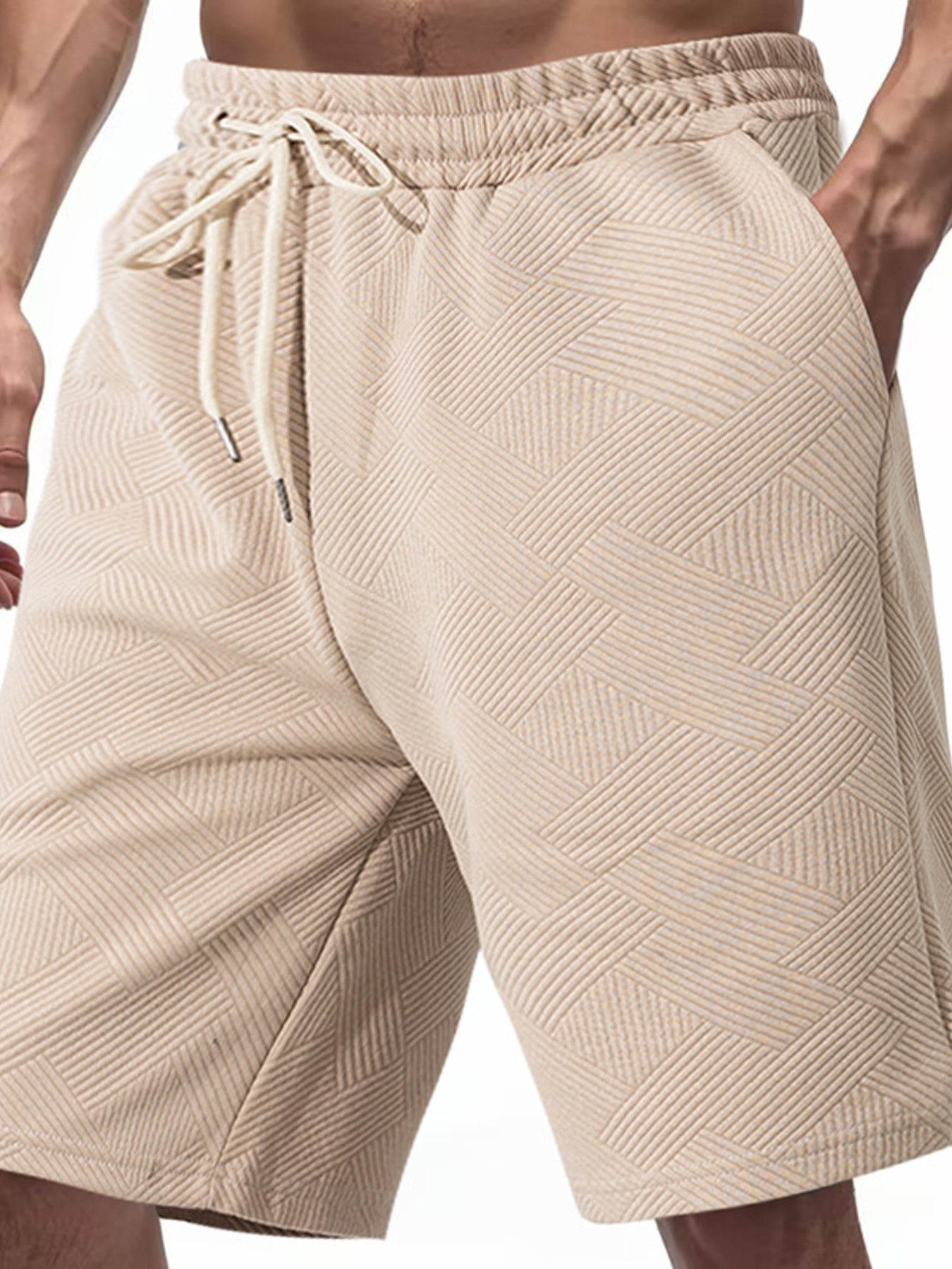 Men's relaxed fit chino shorts in Khaki with a geometric textured pattern and drawstring waist.