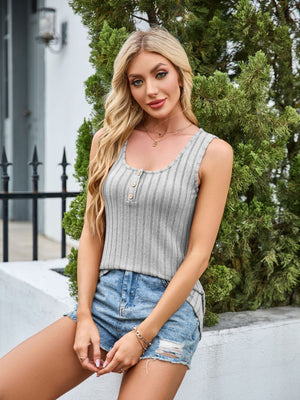 Light Gray ribbed button-front tank top with scoop neck