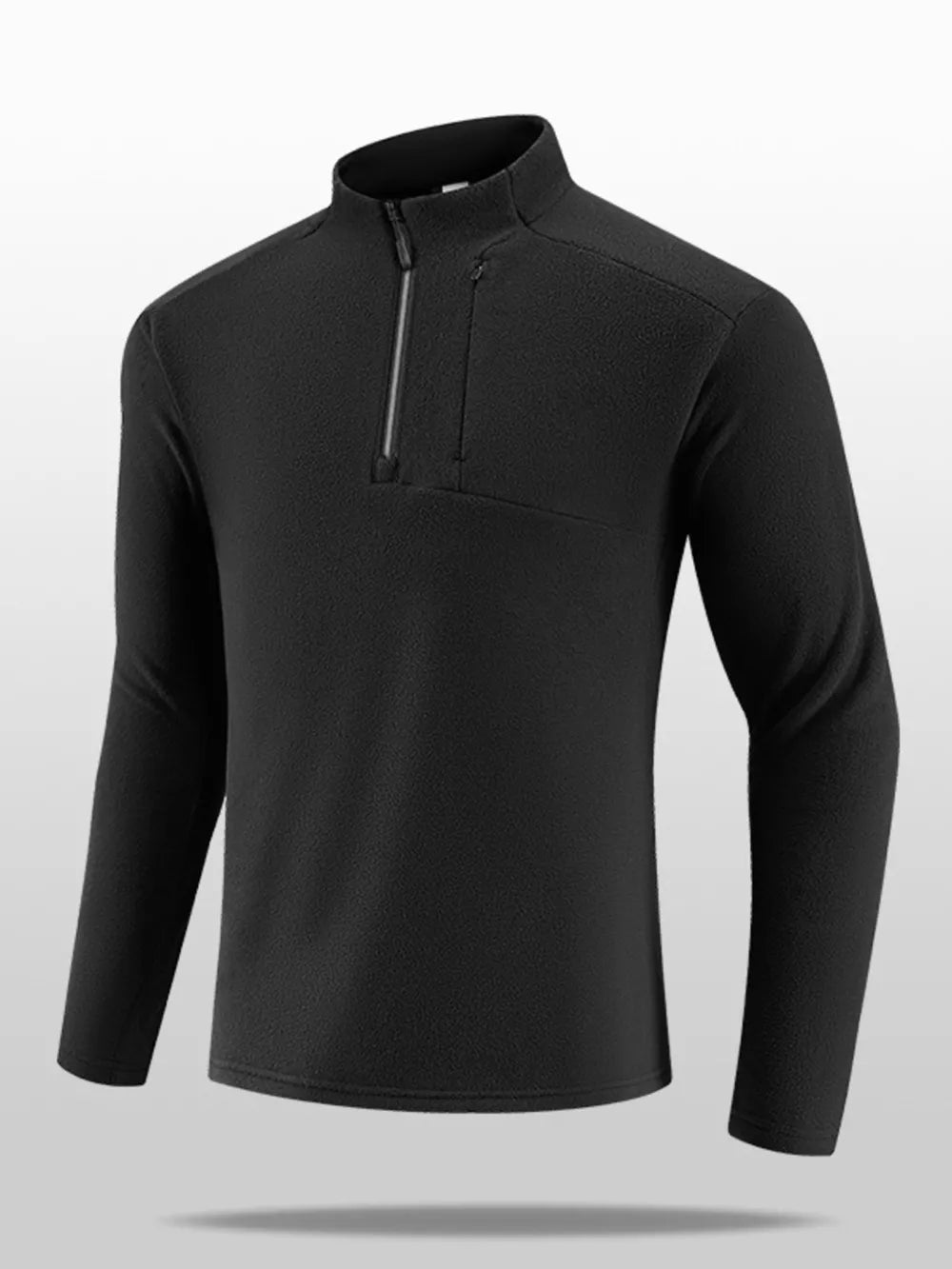 Black fleece quarter-zip sweatshirt with zippered chest pocket and stand-up collar.