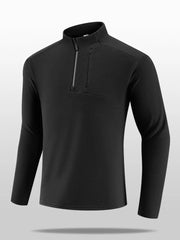 Black fleece quarter-zip sweatshirt with zippered chest pocket and stand-up collar.