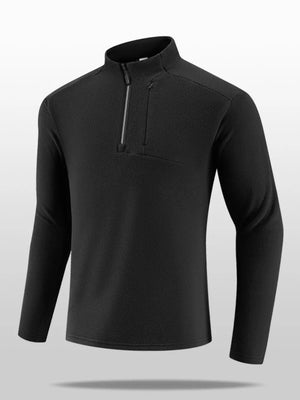 Black fleece quarter-zip sweatshirt with zippered chest pocket and stand-up collar.