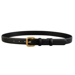 Black cowhide leather belt with golden buckle and single keeper loop.