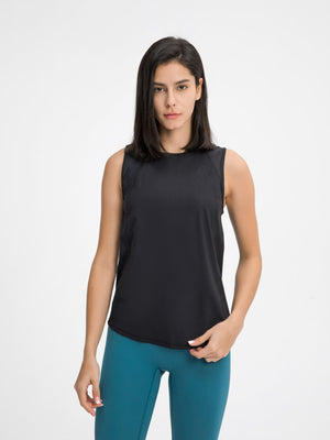 Black mesh-back performance tank top with a round neckline and sleeveless cut.