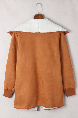 Caramel suede-effect jacket with white sherpa collar and brown cuffs.