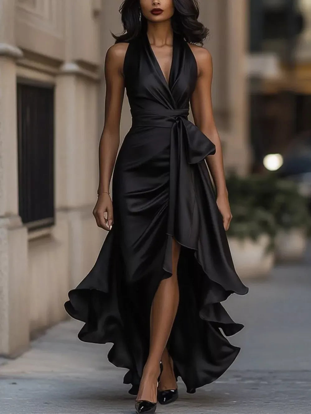 Black satin high-low ruffled maxi dress with a cinched waist and halter neckline.