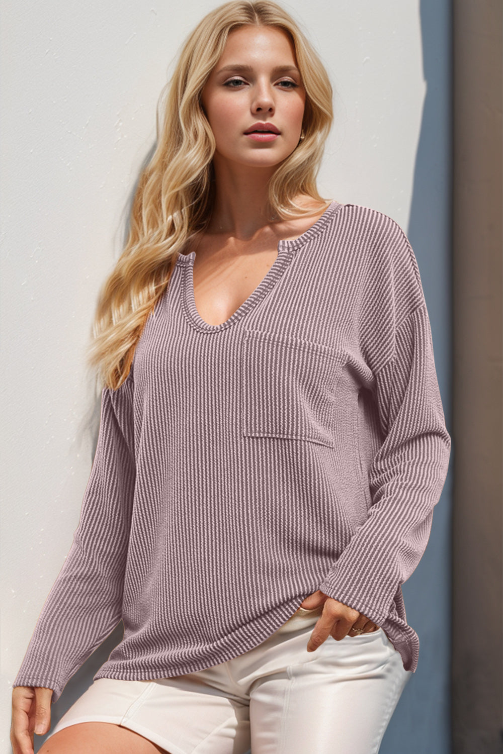 Lilac ribbed plunge neck long sleeve top with chest pocket