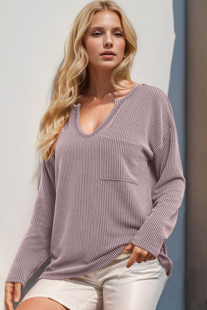Lilac ribbed plunge neck long sleeve top with chest pocket