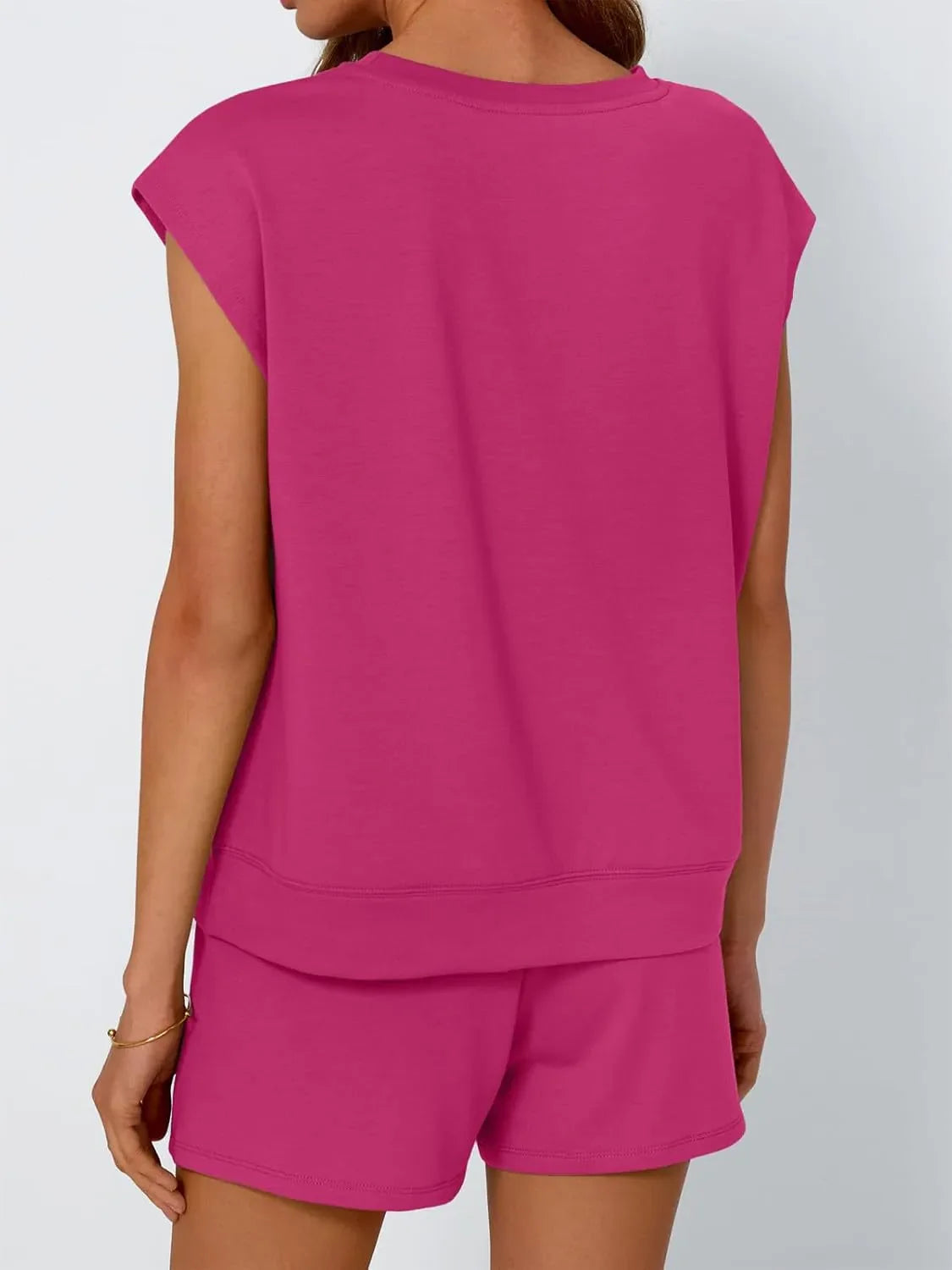 Relaxed cap-sleeve top and shorts set in Deep Rose, perfect for casual wear.